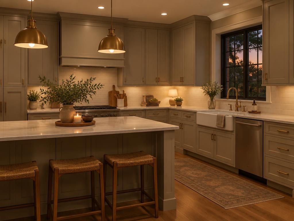 Greige cabinets with brass hardware
