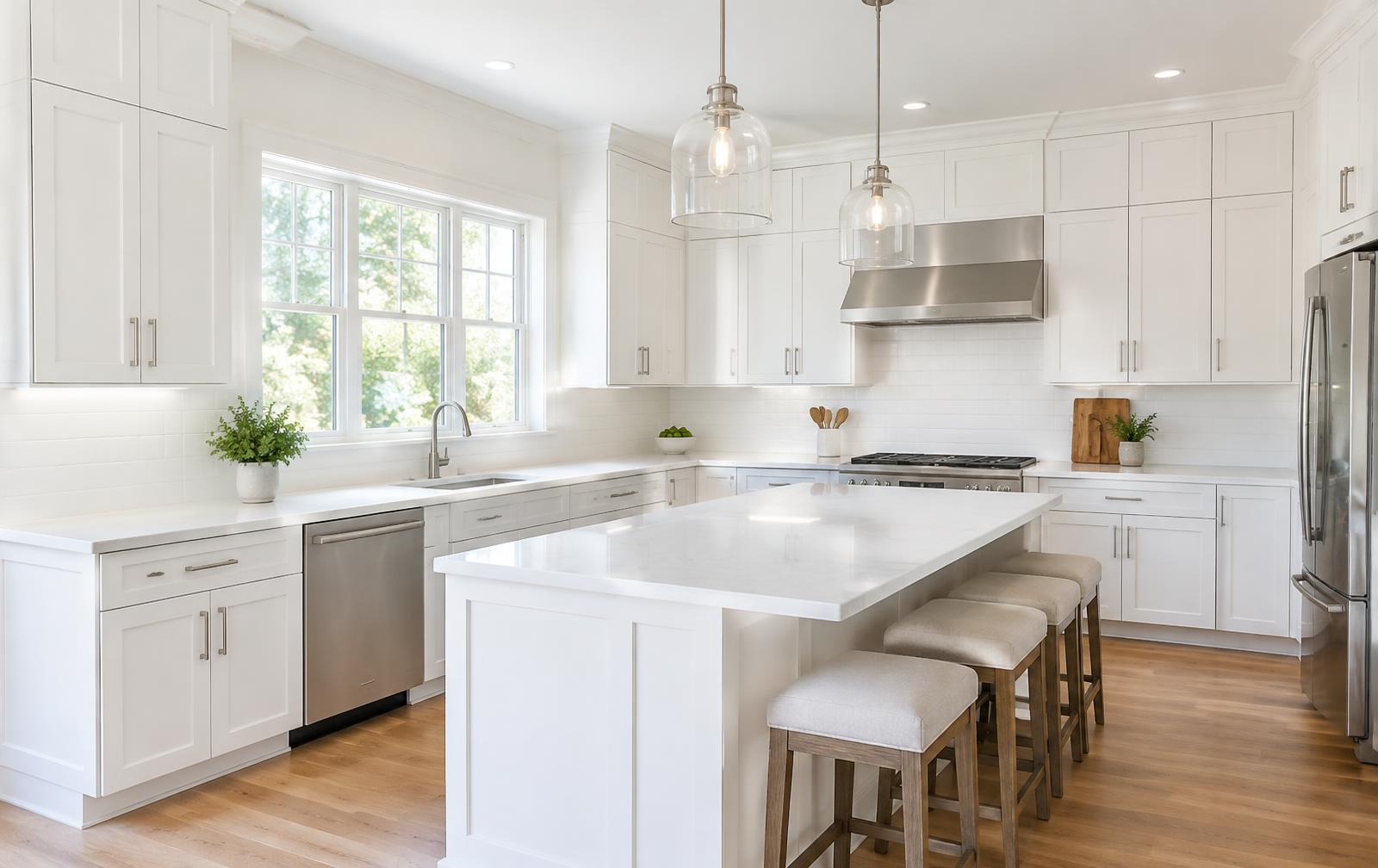 Freshly painted white shaker kitchen cabinets