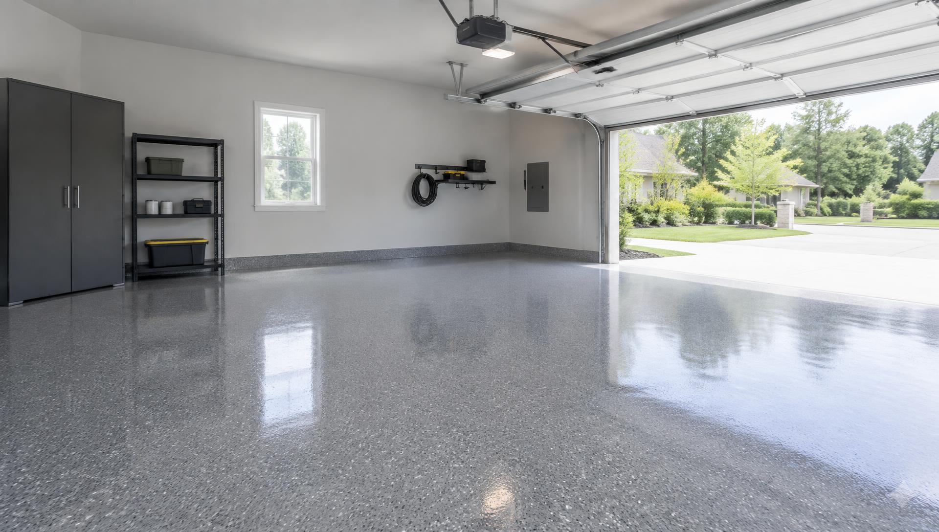 Modern clean garage with a glossy gray flake coated floor